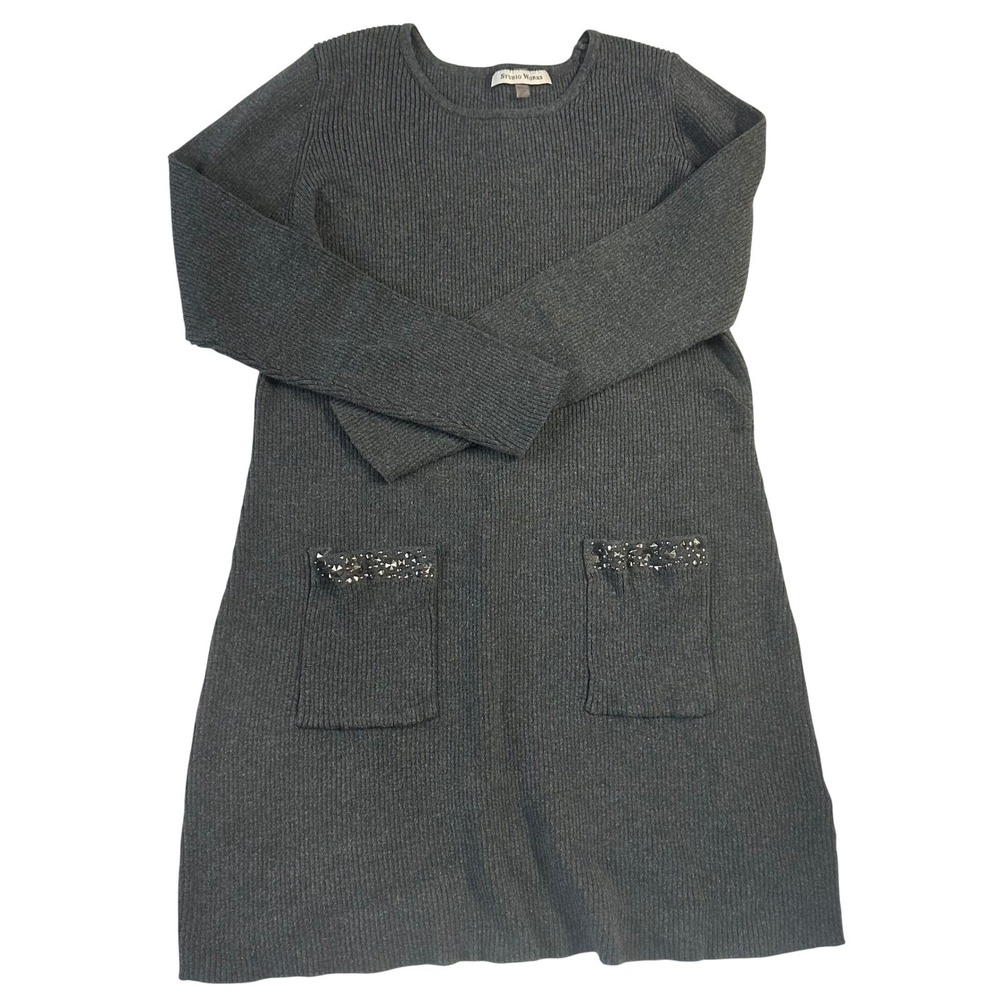 Studio Works Gray Ribbed Knit Sweater Dress Rhinestone Pocket Long Sleeve Large